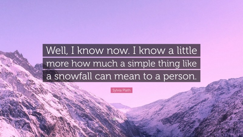 Sylvia Plath Quote: “Well, I know now. I know a little more how much a simple thing like a snowfall can mean to a person.”