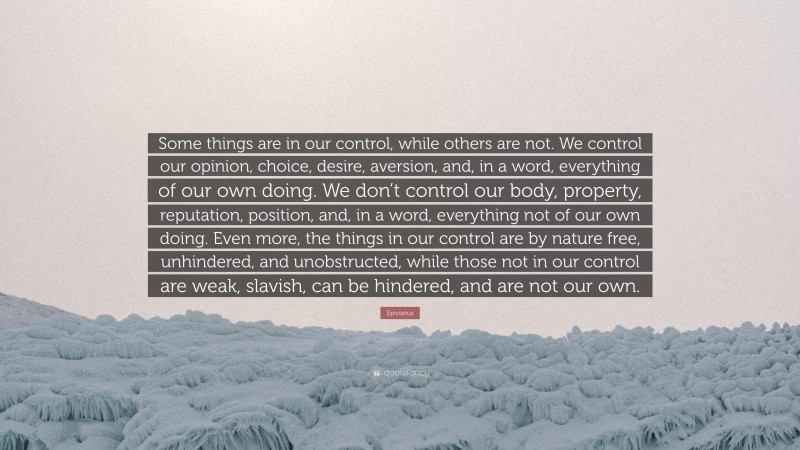 Epictetus Quote: “Some things are in our control, while others are not. We control our opinion, choice, desire, aversion, and, in a word, everything of our own doing. We don’t control our body, property, reputation, position, and, in a word, everything not of our own doing. Even more, the things in our control are by nature free, unhindered, and unobstructed, while those not in our control are weak, slavish, can be hindered, and are not our own.”