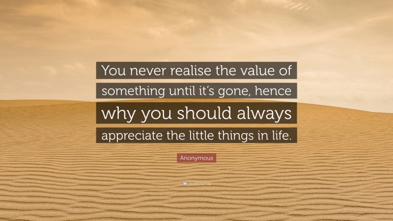 Anonymous Quote: “You never realise the value of something until it’s gone, hence why you should always appreciate the little things in life.”
