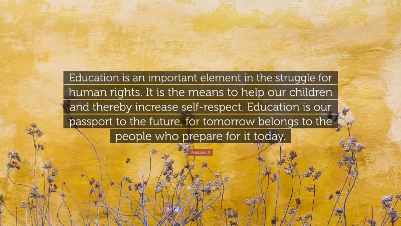 Malcolm X Quote: “Education is an important element in the struggle for human rights. It is the means to help our children and thereby increase self-respect. Education is our passport to the future, for tomorrow belongs to the people who prepare for it today.”