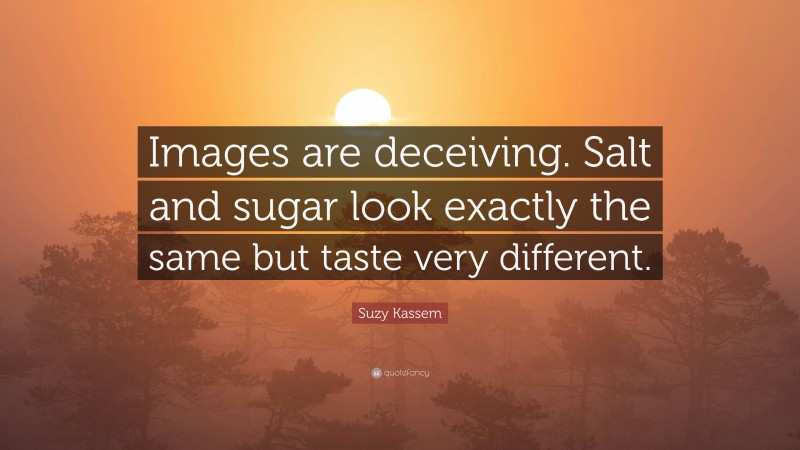 Suzy Kassem Quote: “Images are deceiving. Salt and sugar look exactly the same but taste very different.”