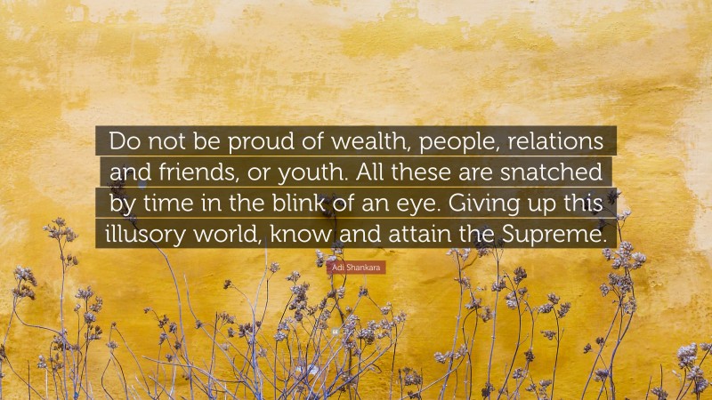Adi Shankara Quote: “Do not be proud of wealth, people, relations and friends, or youth. All these are snatched by time in the blink of an eye. Giving up this illusory world, know and attain the Supreme.”