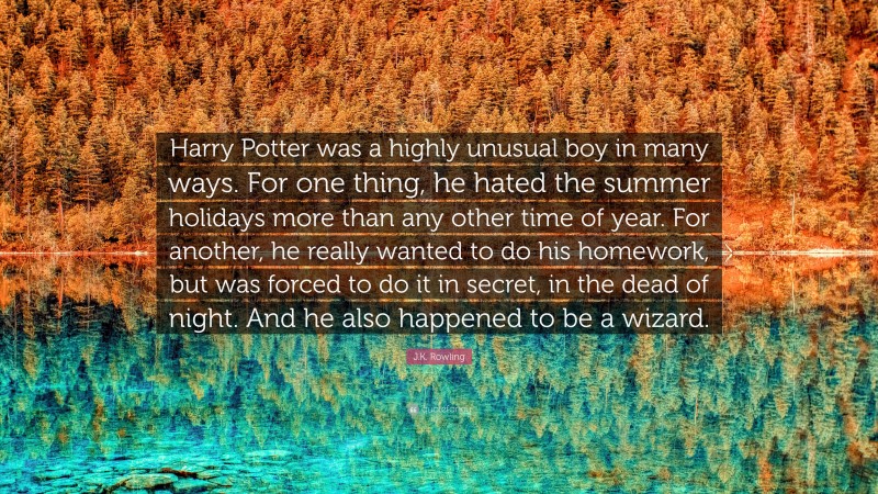J.K. Rowling Quote: “Harry Potter was a highly unusual boy in many ways. For one thing, he hated the summer holidays more than any other time of year. For another, he really wanted to do his homework, but was forced to do it in secret, in the dead of night. And he also happened to be a wizard.”