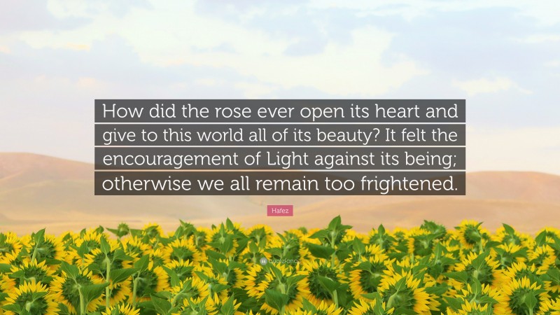 Hafez Quote: “How did the rose ever open its heart and give to this world all of its beauty? It felt the encouragement of Light against its being; otherwise we all remain too frightened.”