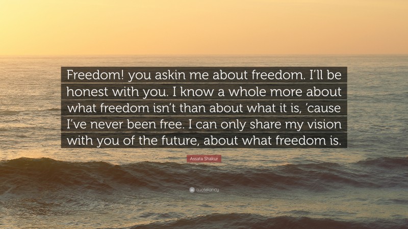 Assata Shakur Quote: “Freedom! you askin me about freedom. I’ll be honest with you. I know a whole more about what freedom isn’t than about what it is, ’cause I’ve never been free. I can only share my vision with you of the future, about what freedom is.”