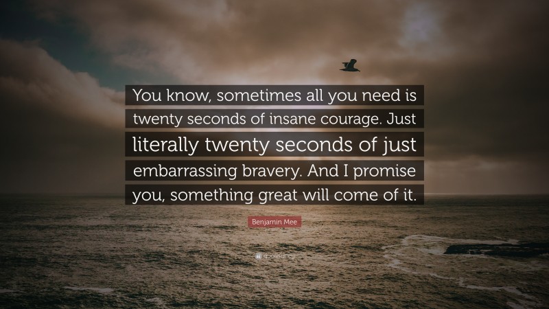 Benjamin Mee Quote: “You know, sometimes all you need is twenty seconds of insane courage. Just literally twenty seconds of just embarrassing bravery. And I promise you, something great will come of it.”