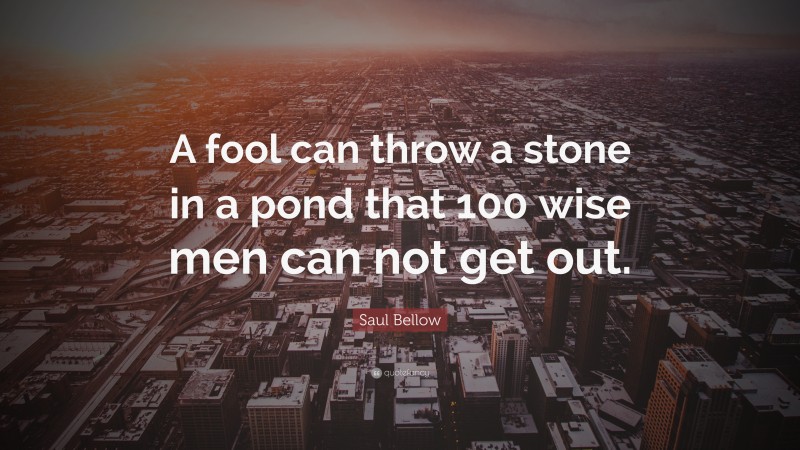 Saul Bellow Quote: “A fool can throw a stone in a pond that 100 wise men can not get out.”