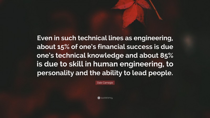 Dale Carnegie Quote: “Even in such technical lines as engineering, about 15% of one’s financial success is due one’s technical knowledge and about 85% is due to skill in human engineering, to personality and the ability to lead people.”