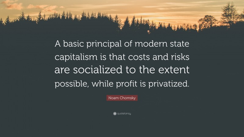 Noam Chomsky Quote: “A basic principal of modern state capitalism is that costs and risks are socialized to the extent possible, while profit is privatized.”