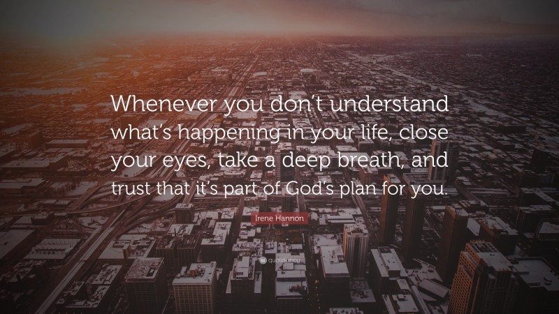 Irene Hannon Quote: “Whenever you don’t understand what’s happening in your life, close your eyes, take a deep breath, and trust that it’s part of God’s plan for you.”