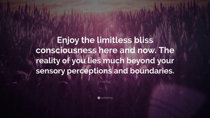 Amit Ray Quote: “Enjoy the limitless bliss consciousness here and now. The reality of you lies much beyond your sensory perceptions and boundaries.”