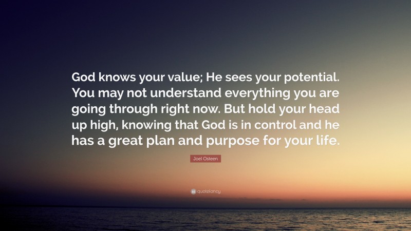 Joel Osteen Quote: “God knows your value; He sees your potential. You may not understand everything you are going through right now. But hold your head up high, knowing that God is in control and he has a great plan and purpose for your life.”