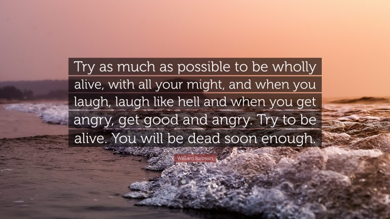 William Saroyan Quote: “Try as much as possible to be wholly alive, with all your might, and when you laugh, laugh like hell and when you get angry, get good and angry. Try to be alive. You will be dead soon enough.”