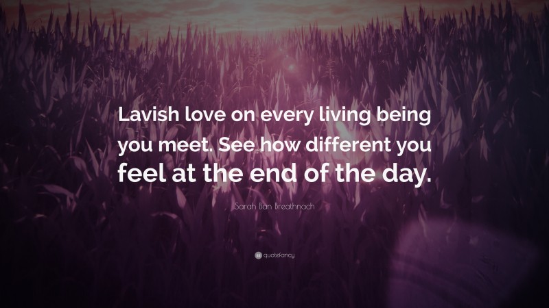 Sarah Ban Breathnach Quote: “Lavish love on every living being you meet. See how different you feel at the end of the day.”