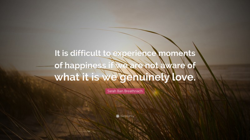 Sarah Ban Breathnach Quote: “It is difficult to experience moments of happiness if we are not aware of what it is we genuinely love.”
