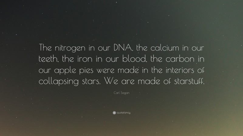 Carl Sagan Quote: “The nitrogen in our DNA, the calcium in our teeth, the iron in our blood, the carbon in our apple pies were made in the interiors of collapsing stars. We are made of starstuff.”
