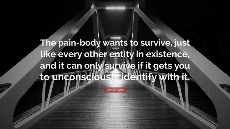 Eckhart Tolle Quote: “The pain-body wants to survive, just like every other entity in existence, and it can only survive if it gets you to unconsciously identify with it.”