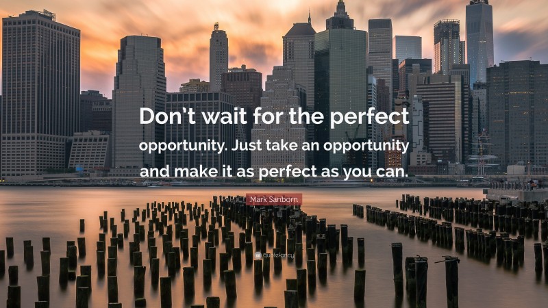 Mark Sanborn Quote: “Don’t wait for the perfect opportunity. Just take an opportunity and make it as perfect as you can.”