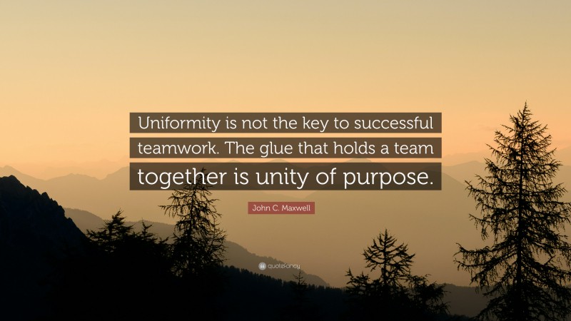 John C. Maxwell Quote: “Uniformity is not the key to successful teamwork. The glue that holds a team together is unity of purpose.”