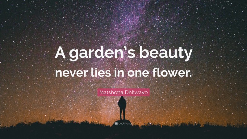 Matshona Dhliwayo Quote: “A garden’s beauty never lies in one flower.”