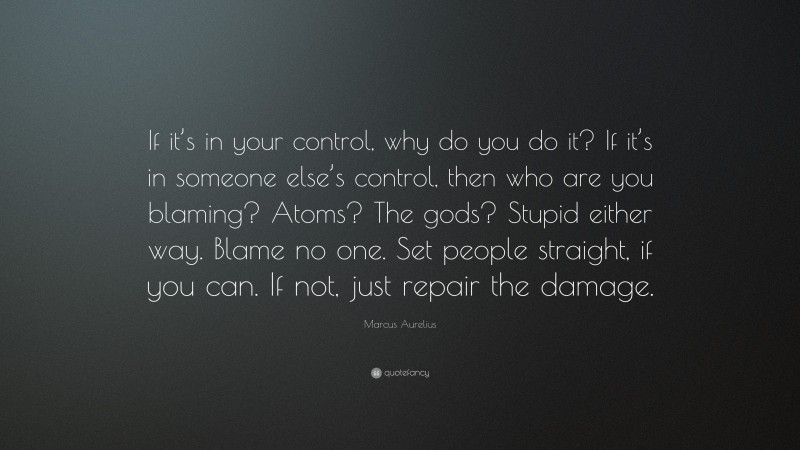Marcus Aurelius Quote: “If it’s in your control, why do you do it? If it’s in someone else’s control, then who are you blaming? Atoms? The gods? Stupid either way. Blame no one. Set people straight, if you can. If not, just repair the damage.”