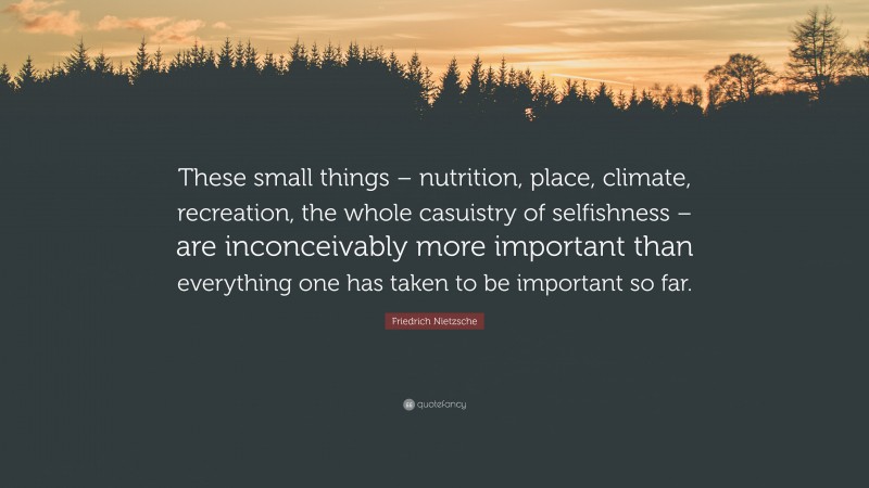 Friedrich Nietzsche Quote: “These small things – nutrition, place, climate, recreation, the whole casuistry of selfishness – are inconceivably more important than everything one has taken to be important so far.”