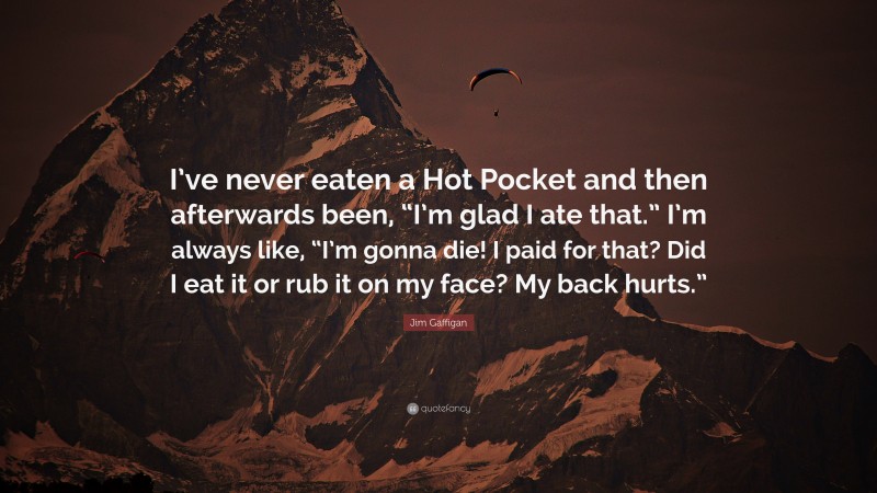 Jim Gaffigan Quote: “I’ve never eaten a Hot Pocket and then afterwards been, “I’m glad I ate that.” I’m always like, “I’m gonna die! I paid for that? Did I eat it or rub it on my face? My back hurts.””