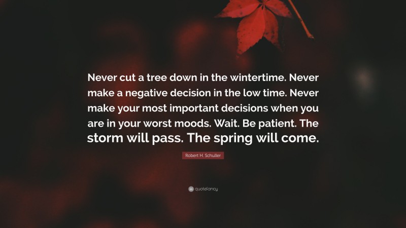 Robert H. Schuller Quote: “Never cut a tree down in the wintertime. Never make a negative decision in the low time. Never make your most important decisions when you are in your worst moods. Wait. Be patient. The storm will pass. The spring will come.”