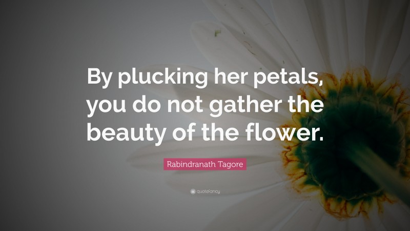 Rabindranath Tagore Quote: “By plucking her petals, you do not gather the beauty of the flower.”