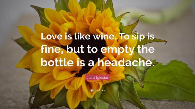 Julio Iglesias Quote: “Love is like wine. To sip is fine, but to empty the bottle is a headache.”