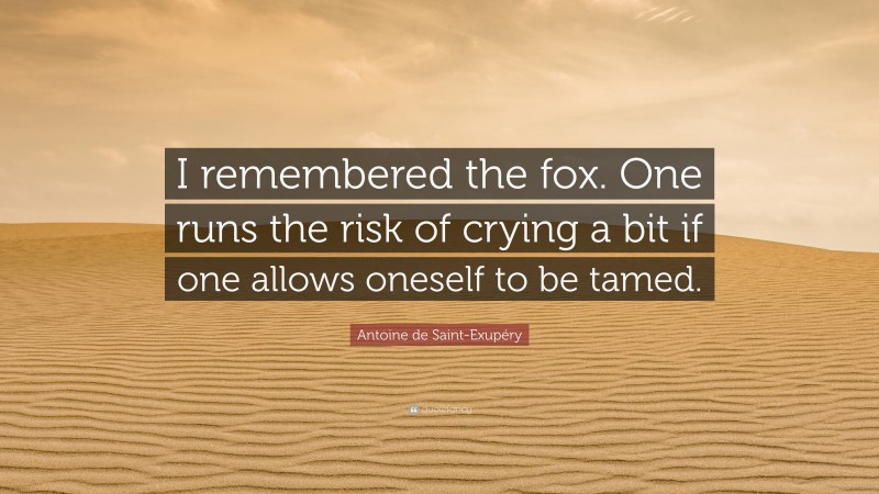 Antoine de Saint-Exupéry Quote: “I remembered the fox. One runs the risk of crying a bit if one allows oneself to be tamed.”