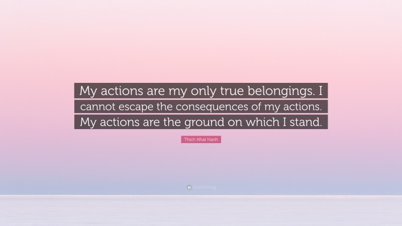 Thich Nhat Hanh Quote: “My actions are my only true belongings. I cannot escape the consequences of my actions. My actions are the ground on which I stand.”
