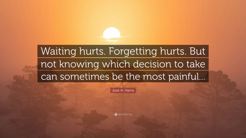 José N. Harris Quote: “Waiting hurts. Forgetting hurts. But not knowing which decision to take can sometimes be the most painful...”