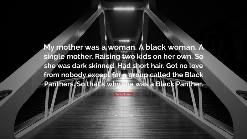 Tupac Shakur Quote: “My mother was a woman. A black woman. A single mother. Raising two kids on her own. So she was dark skinned. Had short hair. Got no love from nobody except for a group called the Black Panthers. So that’s why she was a Black Panther.”
