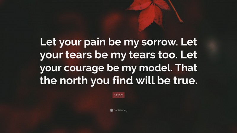 Sting Quote: “Let your pain be my sorrow. Let your tears be my tears too. Let your courage be my model. That the north you find will be true.”
