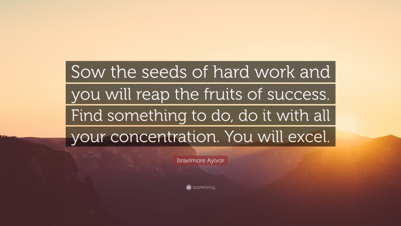 Israelmore Ayivor Quote: “Sow the seeds of hard work and you will reap the fruits of success. Find something to do, do it with all your concentration. You will excel.”