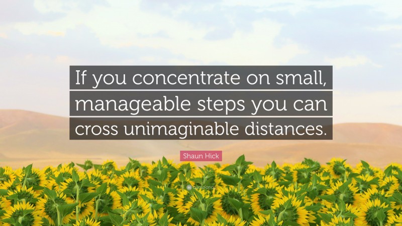 Shaun Hick Quote: “If you concentrate on small, manageable steps you can cross unimaginable distances.”