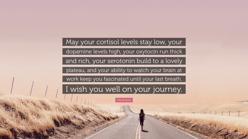 David Rock Quote: “May your cortisol levels stay low, your dopamine levels high, your oxytocin run thick and rich, your serotonin build to a lovely plateau, and your ability to watch your brain at work keep you fascinated until your last breath. I wish you well on your journey.”