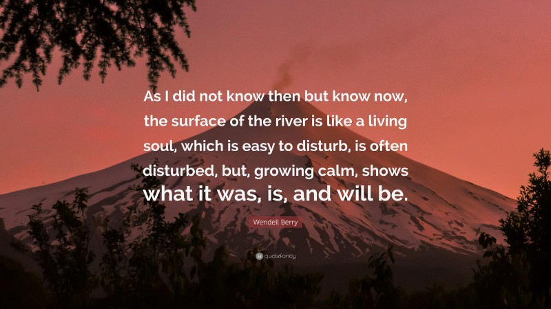 Wendell Berry Quote: “As I did not know then but know now, the surface of the river is like a living soul, which is easy to disturb, is often disturbed, but, growing calm, shows what it was, is, and will be.”