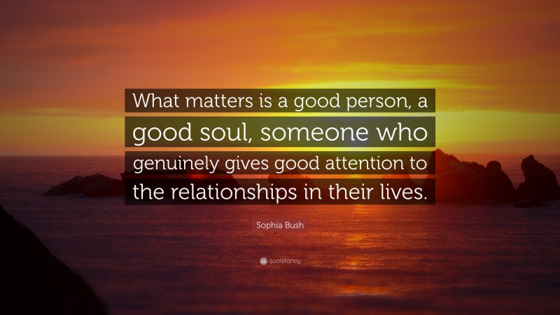 Sophia Bush Quote: “What matters is a good person, a good soul, someone who genuinely gives good attention to the relationships in their lives.”