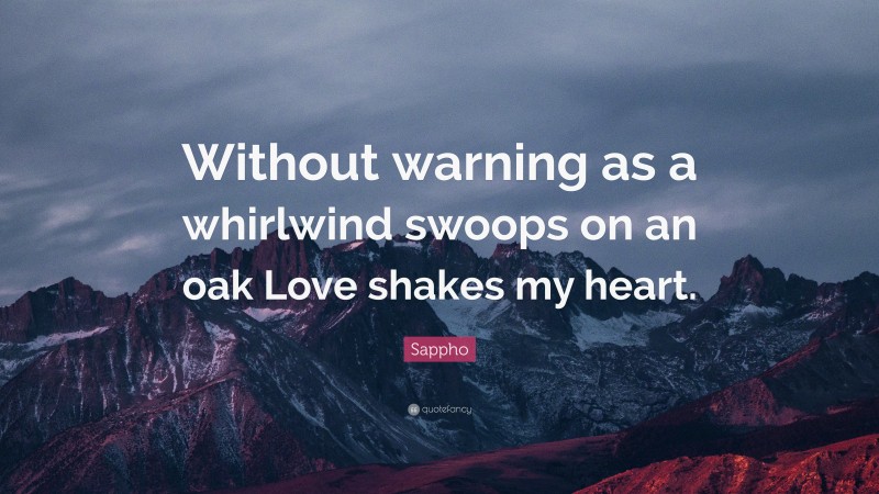 Sappho Quote: “Without warning as a whirlwind swoops on an oak Love shakes my heart.”