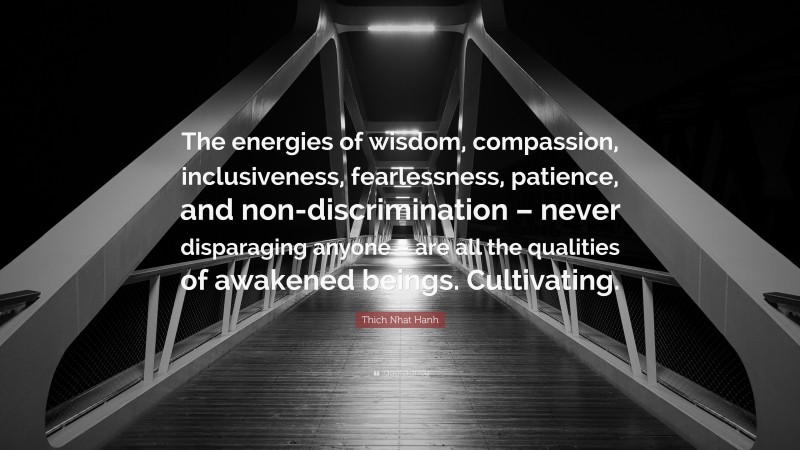 Thich Nhat Hanh Quote: “The energies of wisdom, compassion, inclusiveness, fearlessness, patience, and non-discrimination – never disparaging anyone – are all the qualities of awakened beings. Cultivating.”