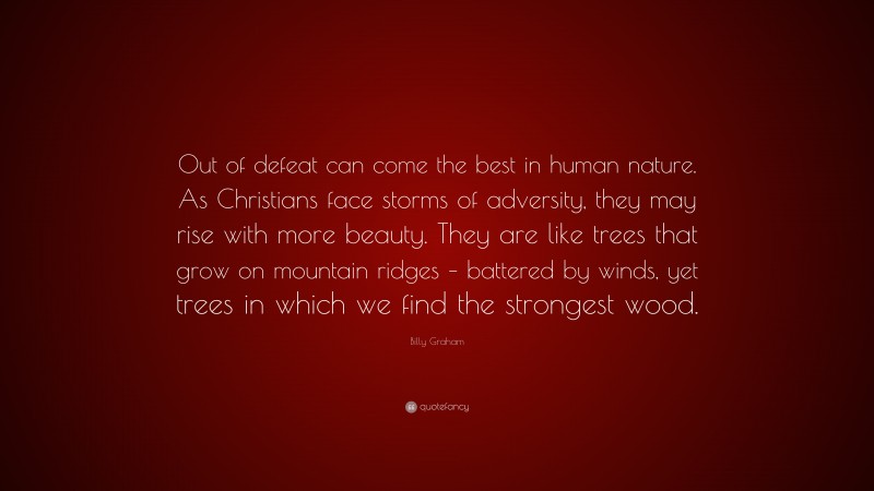 Billy Graham Quote: “Out of defeat can come the best in human nature. As Christians face storms of adversity, they may rise with more beauty. They are like trees that grow on mountain ridges – battered by winds, yet trees in which we find the strongest wood.”