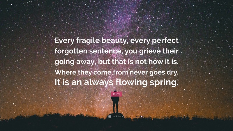 Rumi Quote: “Every fragile beauty, every perfect forgotten sentence, you grieve their going away, but that is not how it is. Where they come from never goes dry. It is an always flowing spring.”
