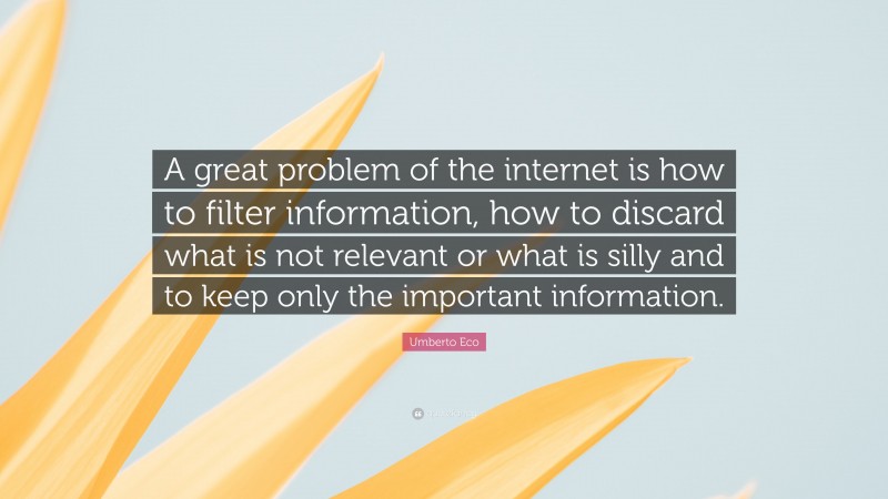 Umberto Eco Quote: “A great problem of the internet is how to filter information, how to discard what is not relevant or what is silly and to keep only the important information.”