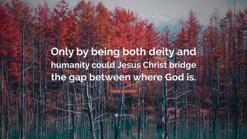 David Jeremiah Quote: “Only by being both deity and humanity could Jesus Christ bridge the gap between where God is.”