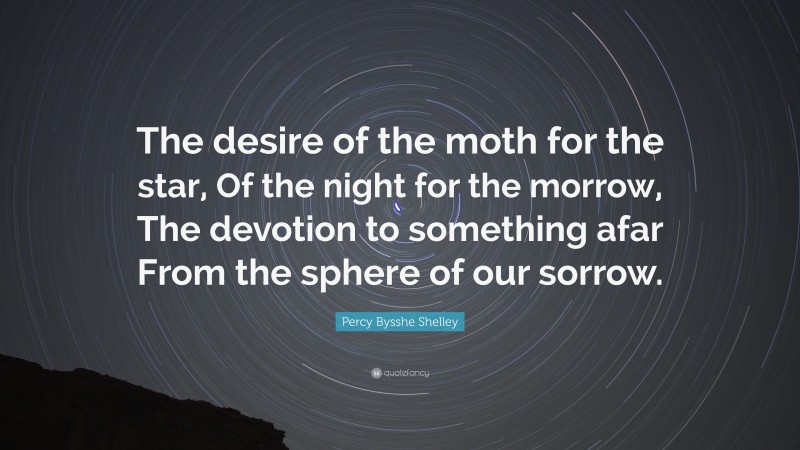Percy Bysshe Shelley Quote: “The desire of the moth for the star, Of the night for the morrow, The devotion to something afar From the sphere of our sorrow.”