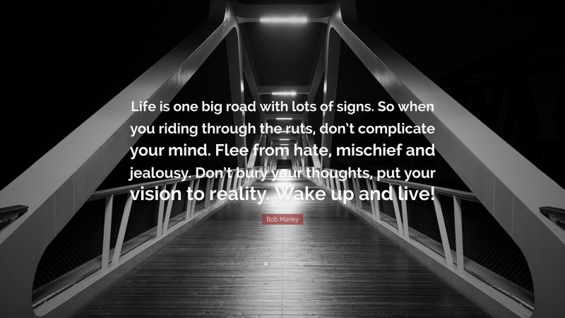 Bob Marley Quote: “Life is one big road with lots of signs. So when you riding through the ruts, don’t complicate your mind. Flee from hate, mischief and jealousy. Don’t bury your thoughts, put your vision to reality. Wake up and live!”