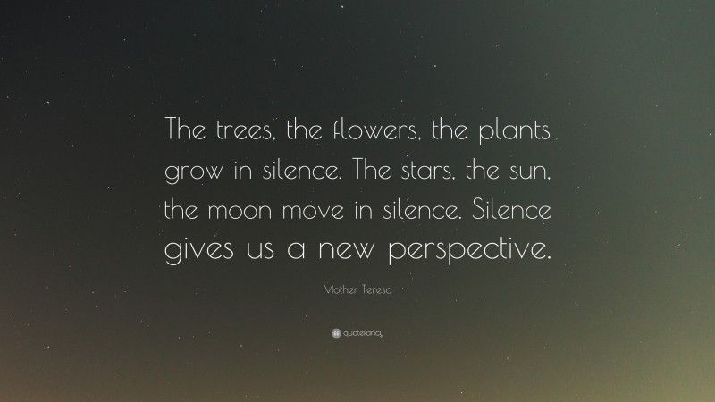 Mother Teresa Quote: “The trees, the flowers, the plants grow in silence. The stars, the sun, the moon move in silence. Silence gives us a new perspective.”