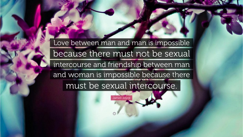 James Joyce Quote: “Love between man and man is impossible because there must not be sexual intercourse and friendship between man and woman is impossible because there must be sexual intercourse.”